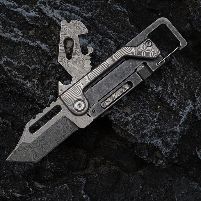 The Dual-Action Blade: 9-in-1 Damascus Keychain Folding Knife