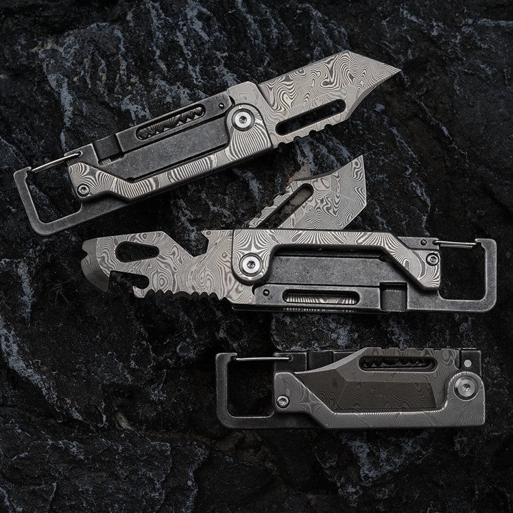 The Dual-Action Blade: 9-in-1 Damascus Keychain Folding Knife