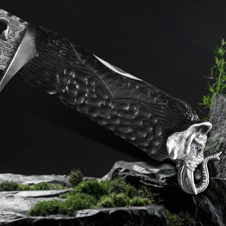 Elephant Forge VG10 Damascus Knife — Handcrafted Ebony Handle with Leather Sheath