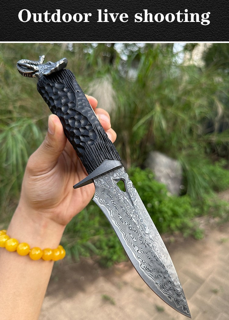 Elephant Forge VG10 Damascus Knife — Handcrafted Ebony Handle with Leather Sheath