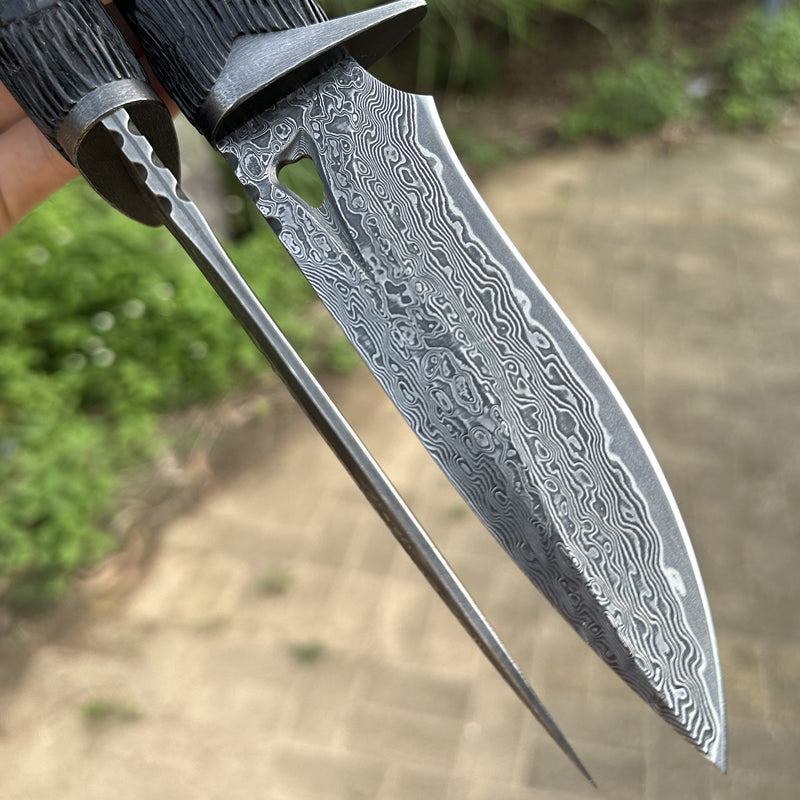 Elephant Forge VG10 Damascus Knife — Handcrafted Ebony Handle with Leather Sheath