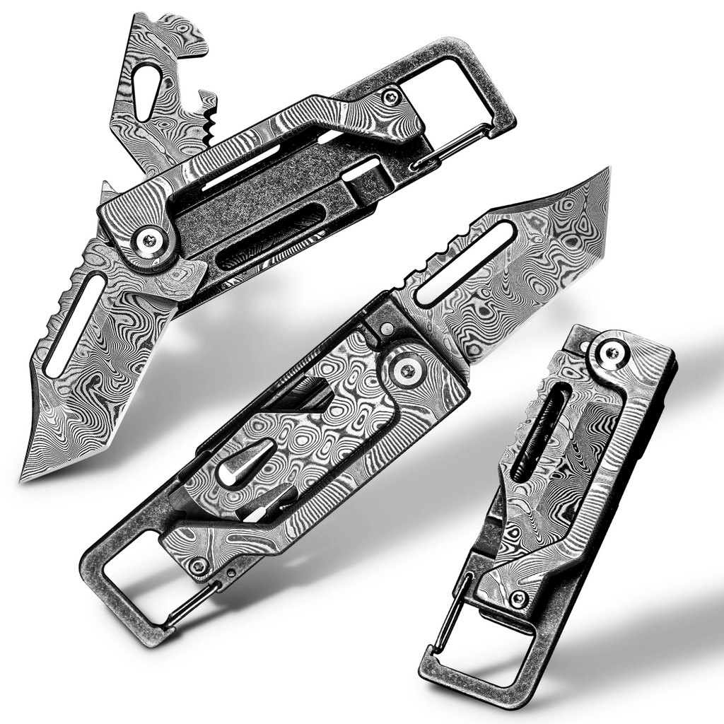 The Dual-Action Blade: 9-in-1 Damascus Keychain Folding Knife