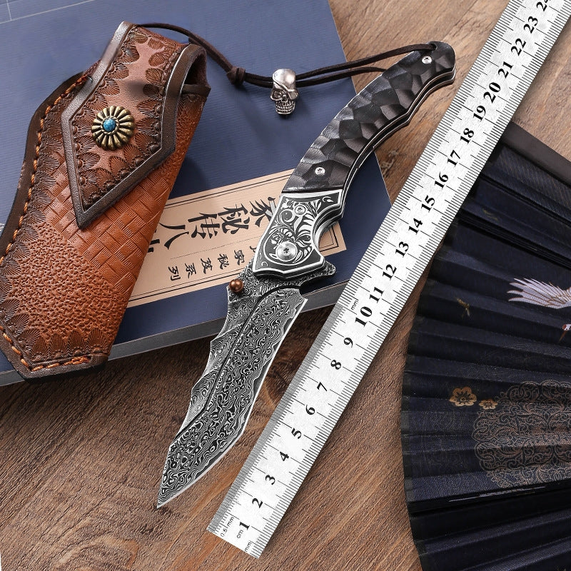 Sky Blade Premium Damascus Folding Knife – Wood Handle, Leather Sheath