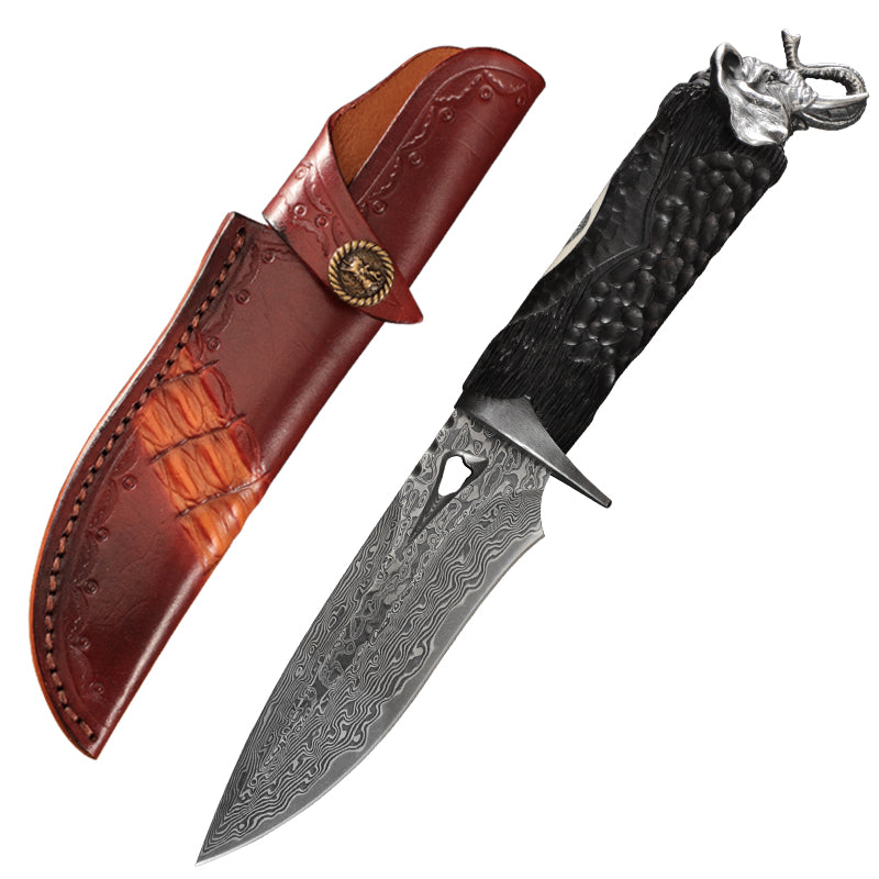 Elephant Forge VG10 Damascus Knife — Handcrafted Ebony Handle with Leather Sheath