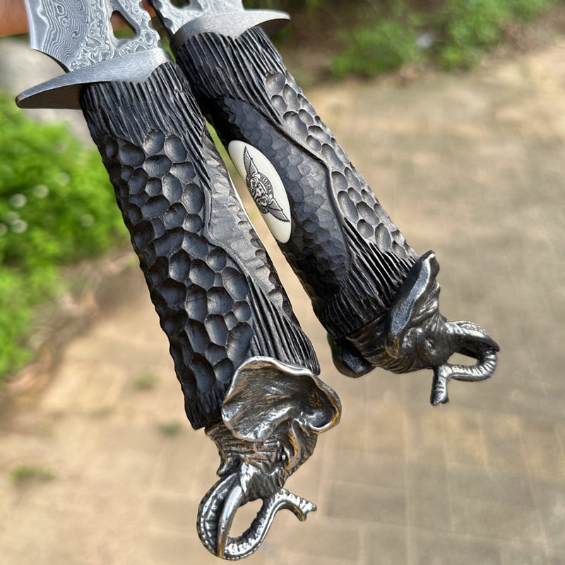 Elephant Forge VG10 Damascus Knife — Handcrafted Ebony Handle with Leather Sheath