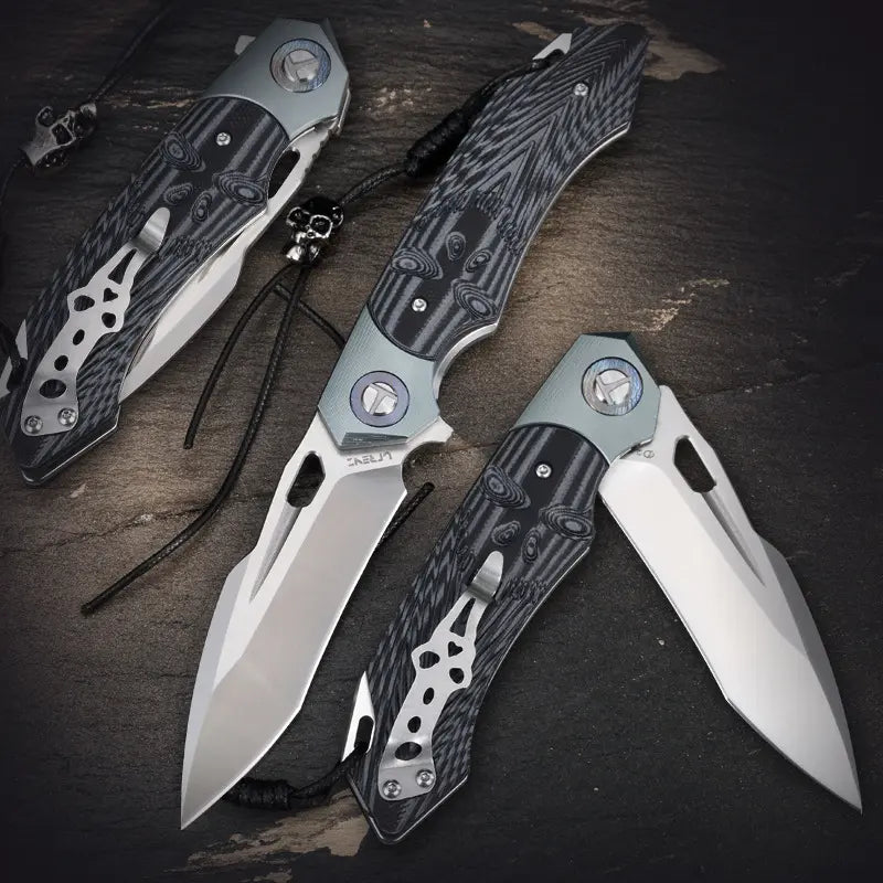 SkullForge D2 Tactical EDC Folding Knife– G10 Grip, Skull Clip & Leather Sheath