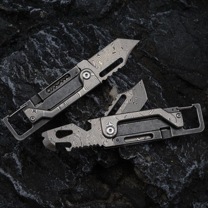 The Dual-Action Blade: 9-in-1 Damascus Keychain Folding Knife