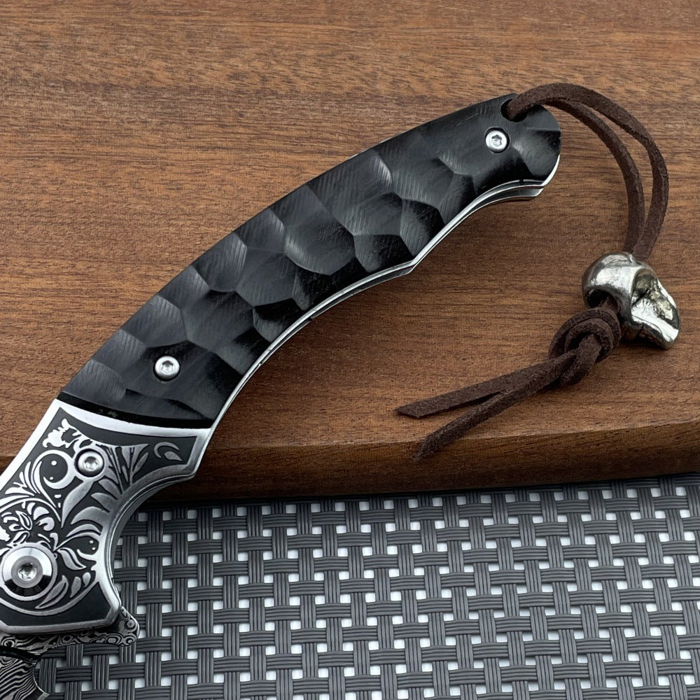 Sky Blade Premium Damascus Folding Knife – Wood Handle, Leather Sheath