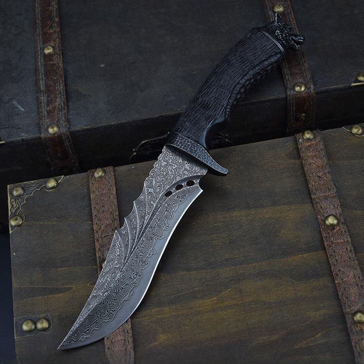 WolfSoul Damascus Knife — VG10 Core, Ebony Handle, Hand-Carved Collectible Blade