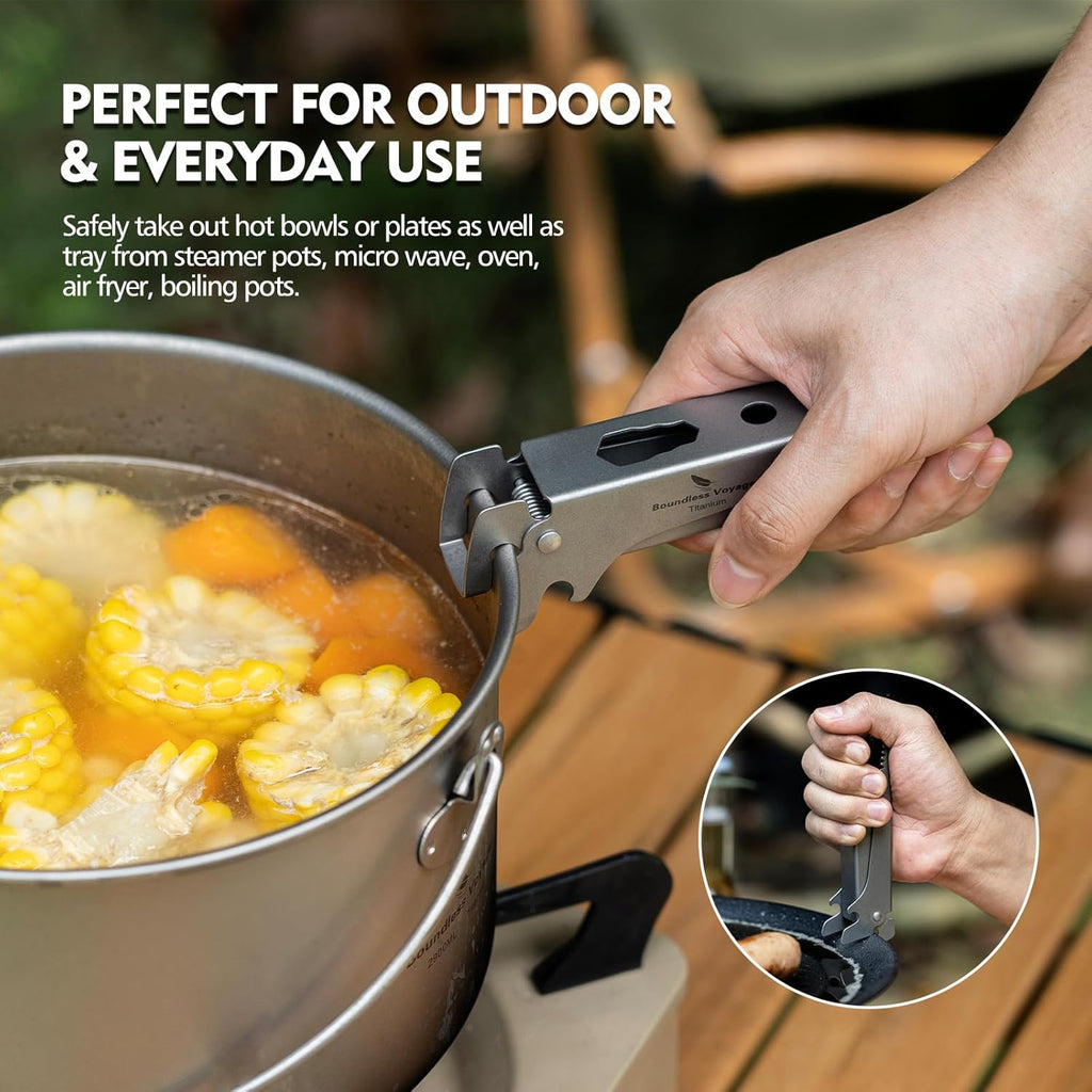 Pure Titanium Camping Tongs:Heat-resistant Pot Clip & Bottle Opener Wrench