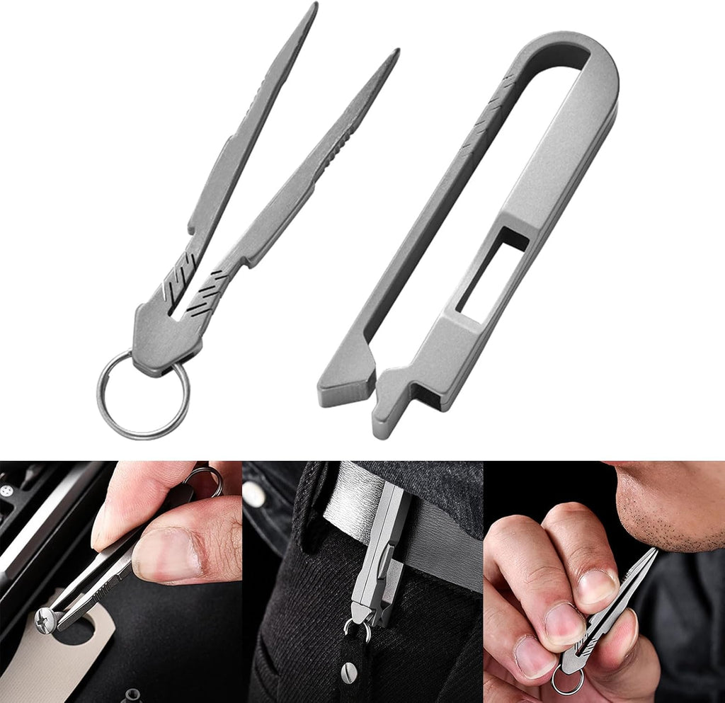 Quick-Release Titanium Keychain Clip with Tweezers