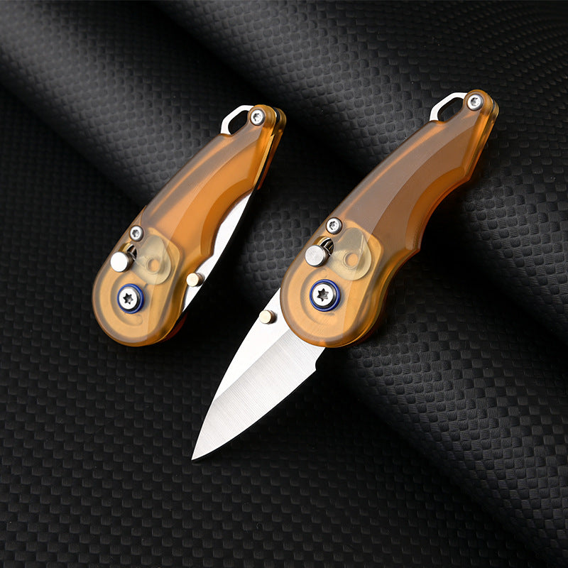 Amber Gem Sharp: PEI Handle Drop Point Mini EDC Keychain Folding Knife