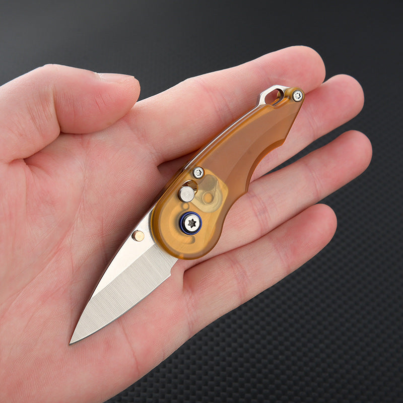 Amber Gem Sharp: PEI Handle Drop Point Mini EDC Keychain Folding Knife