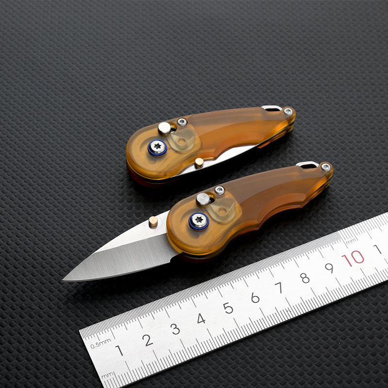 Amber Gem Sharp: PEI Handle Drop Point Mini EDC Keychain Folding Knife