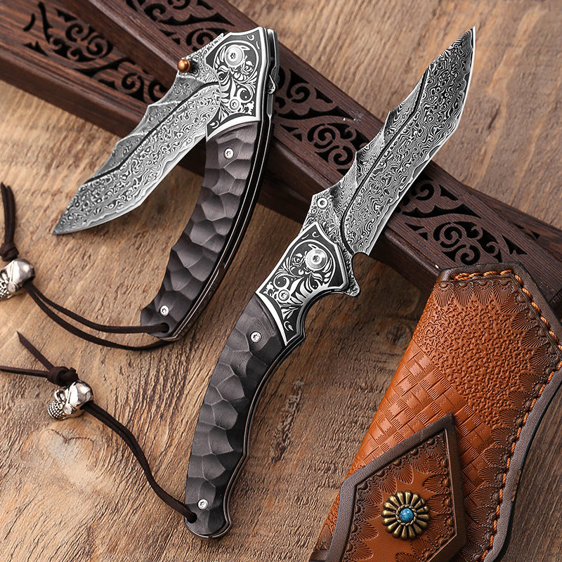 Sky Blade Premium Damascus Folding Knife – Wood Handle, Leather Sheath