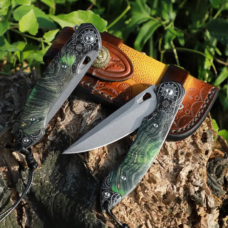 Emerald Gear — Steampunk Folding Pocket Knife with Green Resin Handle