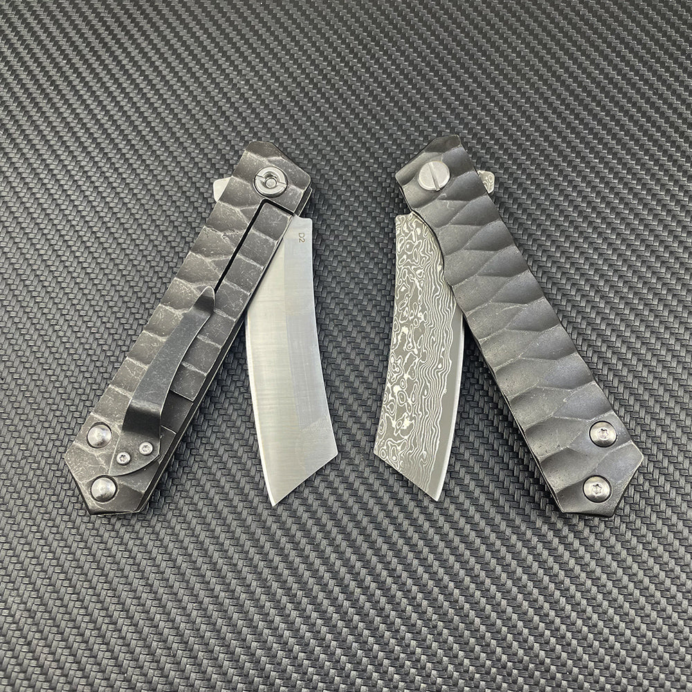 Damascus/D2 Steel Folding Knife – Steel Talon Tanto Blade, Bearings EDC with Clip