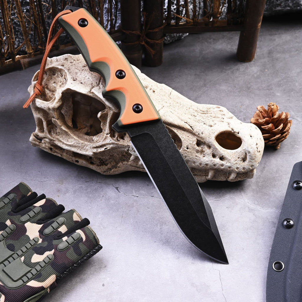 BlazeOrange Tactical Survivor: Heavy-Duty Fixed Blade Knife with CNC Black Stonewash Finish
