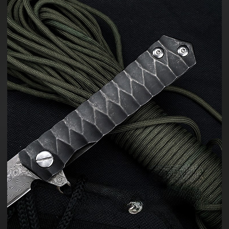 Damascus/D2 Steel Folding Knife – Steel Talon Tanto Blade, Bearings EDC with Clip