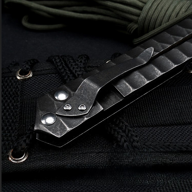 Damascus/D2 Steel Folding Knife – Steel Talon Tanto Blade, Bearings EDC with Clip